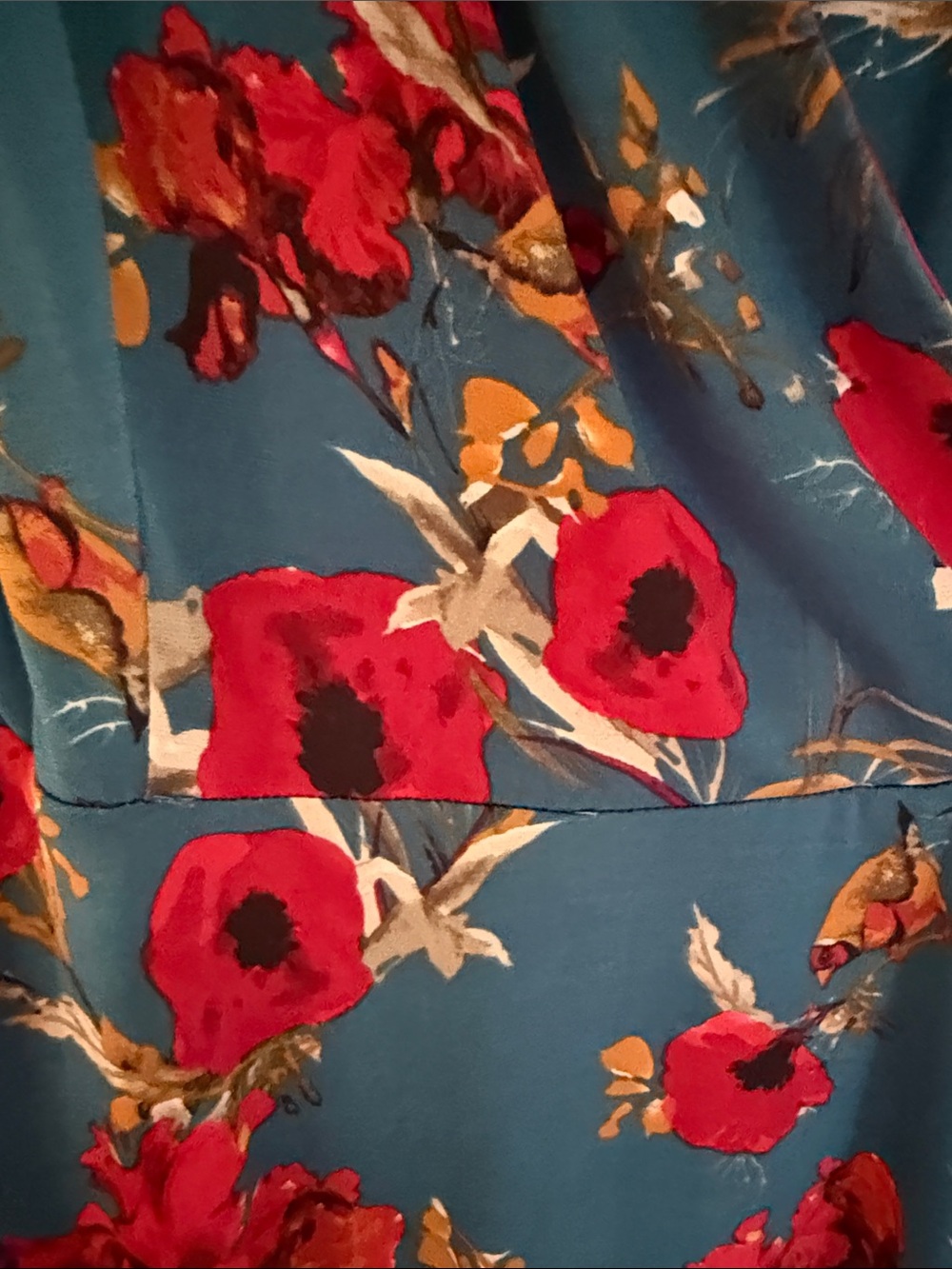 Teal Floral Wrap Dress with Red Bloom Print - Picture 2 of 8